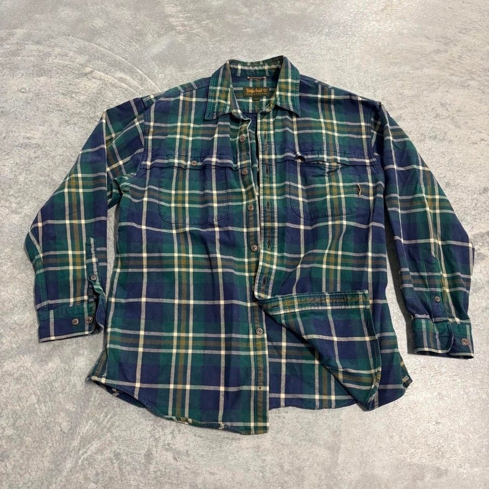 Vintage Timberland Weather Gear Green Blue White Plaid Flannel Shirt Mens Large
